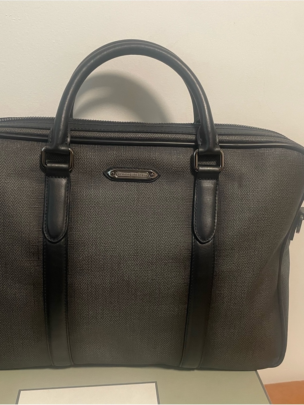 Zegna Black Leather Gradient Laptop Briefcase with strap